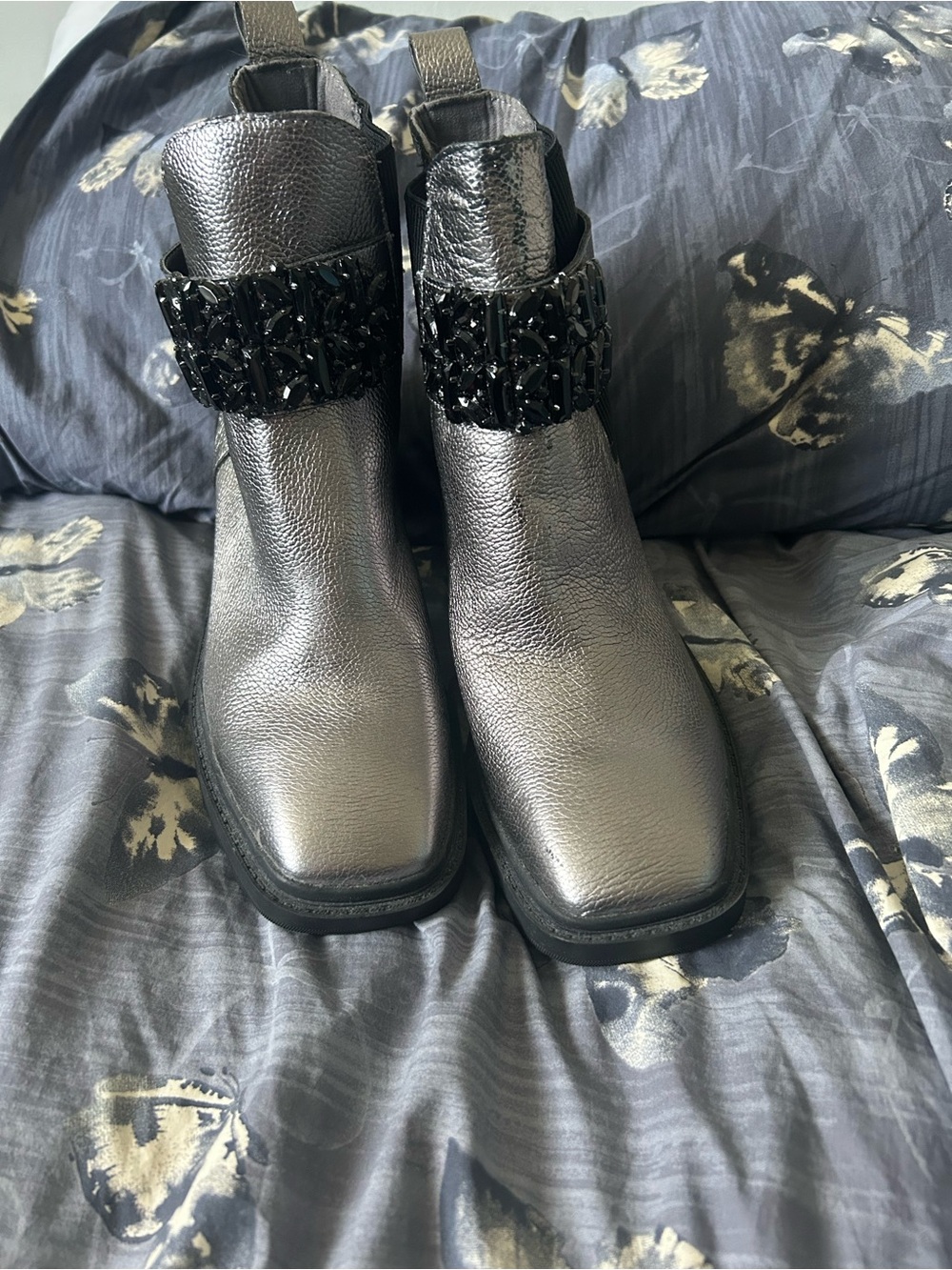 Karl Lagerfeld Metallic Silver Ankle Boots with Black Embellished Strap - Picture 2 of 4